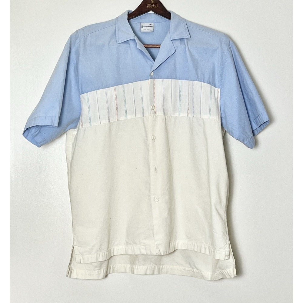 Vintage Bay Club Button‎ Up Shirt Men's Large Blue White 70s Vacation DadCore